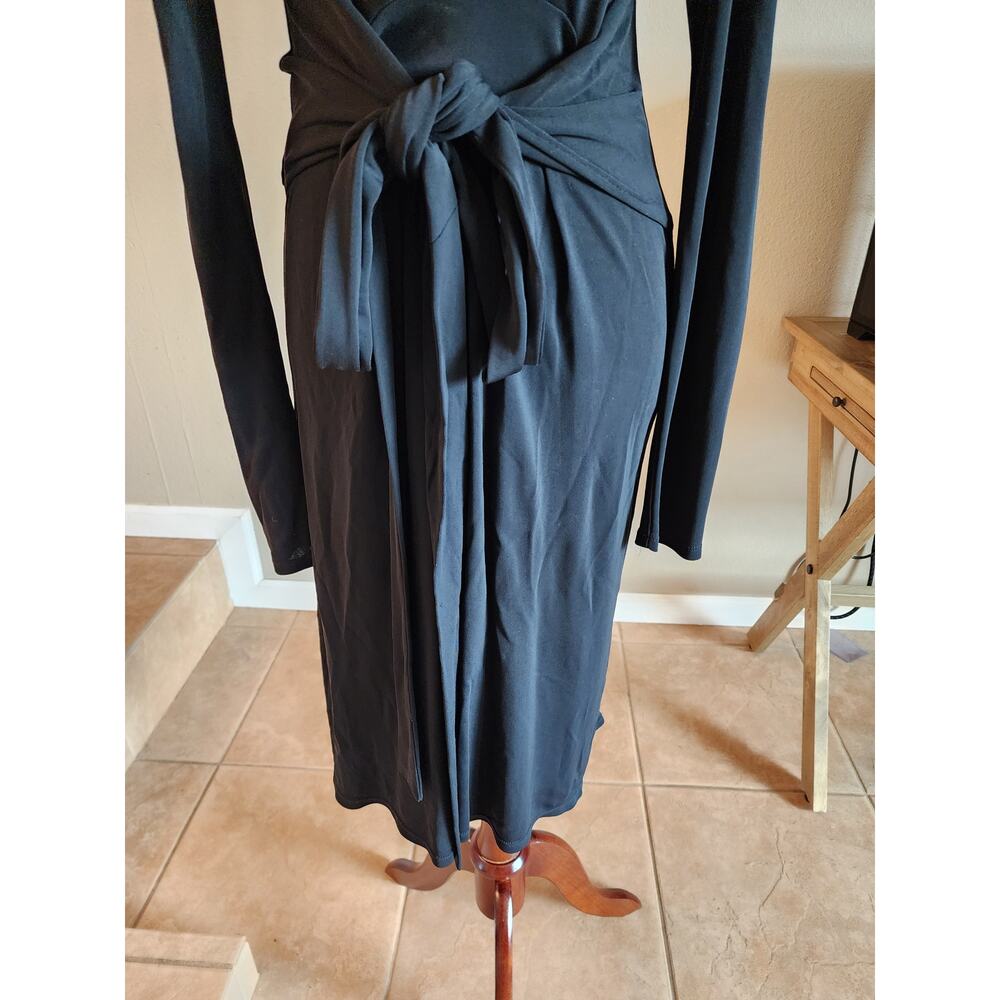Elie Tahari Black Deep V-Neck Midi Dress Women's Front Tie Sexy - Picture 7 of 12